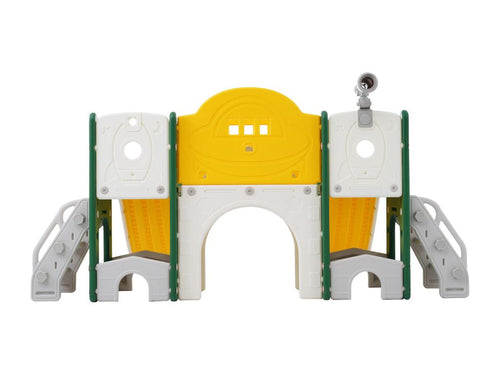 8-in-1 children's play area with slide, climbing wall, and green drilling hole game