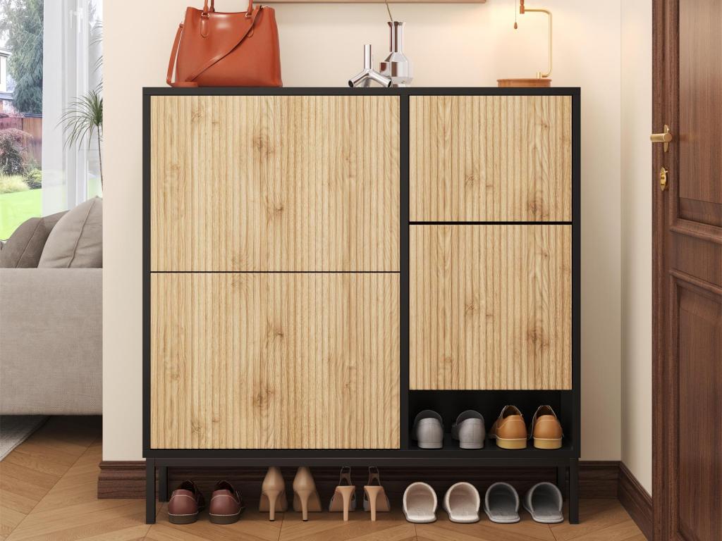 Shoe cabinet with folding bench - 3 drop-down doors - Black / Natural