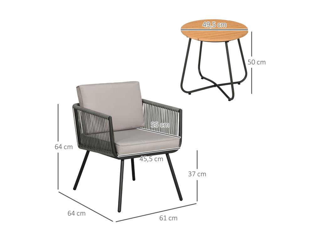 Meublita 2-seater 3-piece garden set, contemporary style, gray cushions, black epoxy steel, gray wire resin