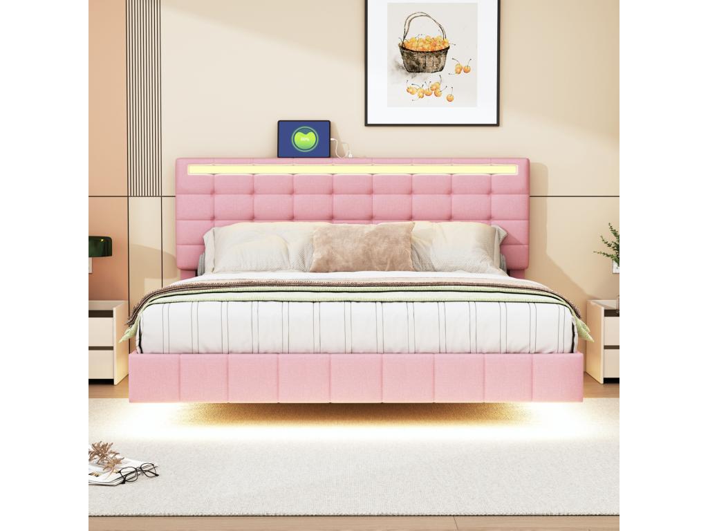 Upholstered bed with LED lights for adults - floating bed frame with slatted base by Meublita and headboard with 2 USB ports - pink 160x200cm