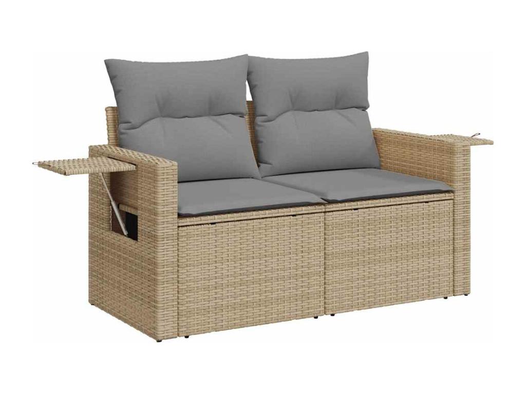 7-piece garden furniture set with cushions, beige woven resin