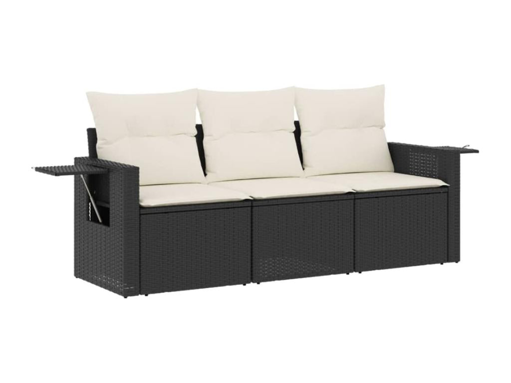3-piece garden furniture set with cushions, black woven resin