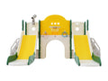 8-in-1 children's play area with slide, climbing wall, and green drilling hole game