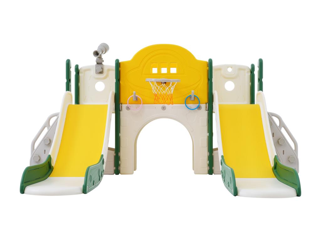 8-in-1 children's play area with slide, climbing wall, and green drilling hole game