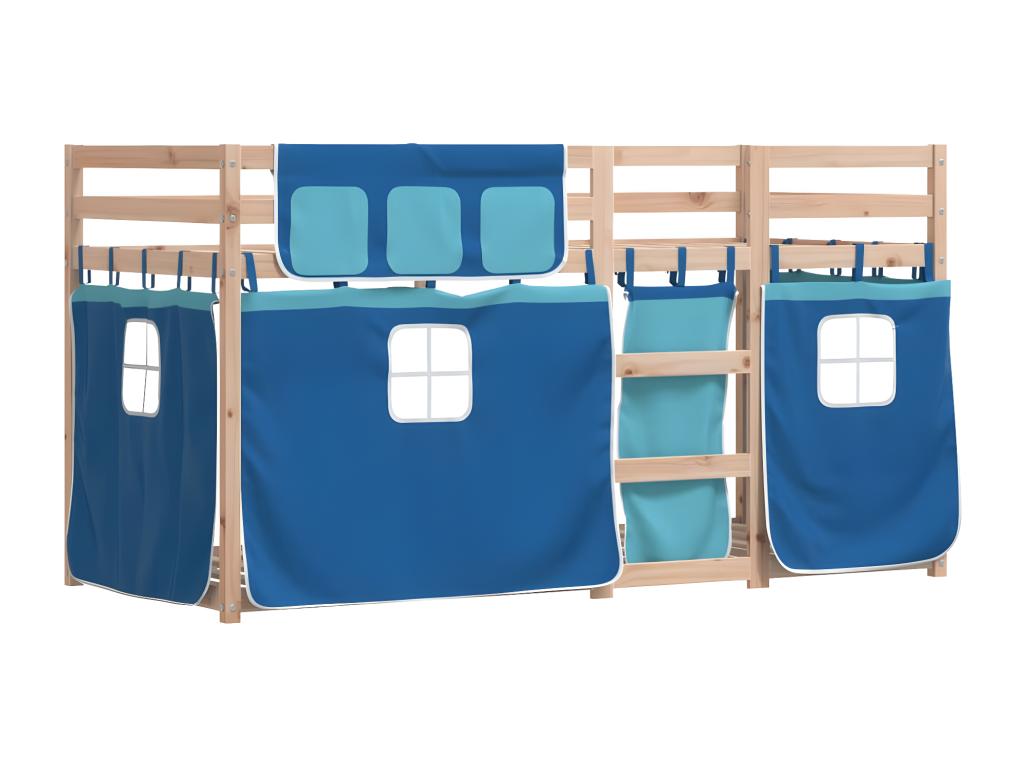 Bunk bed with blue curtains, 90x190 cm, solid pine wood