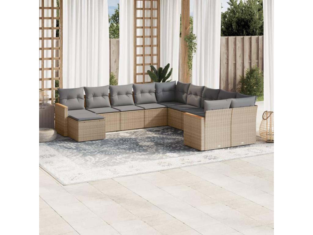 11-piece garden furniture set with beige resin wicker cushions