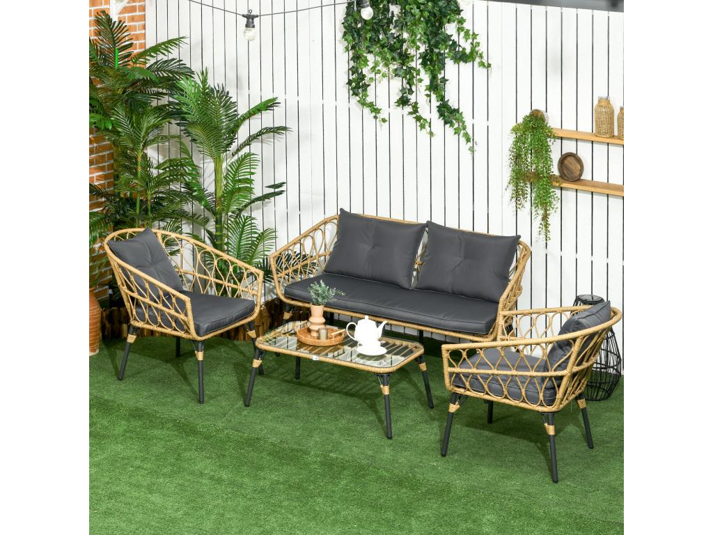 4-piece, 4-seater garden furniture set in colonial style, coffee table, grey cushions included, woven resin with a rattan look