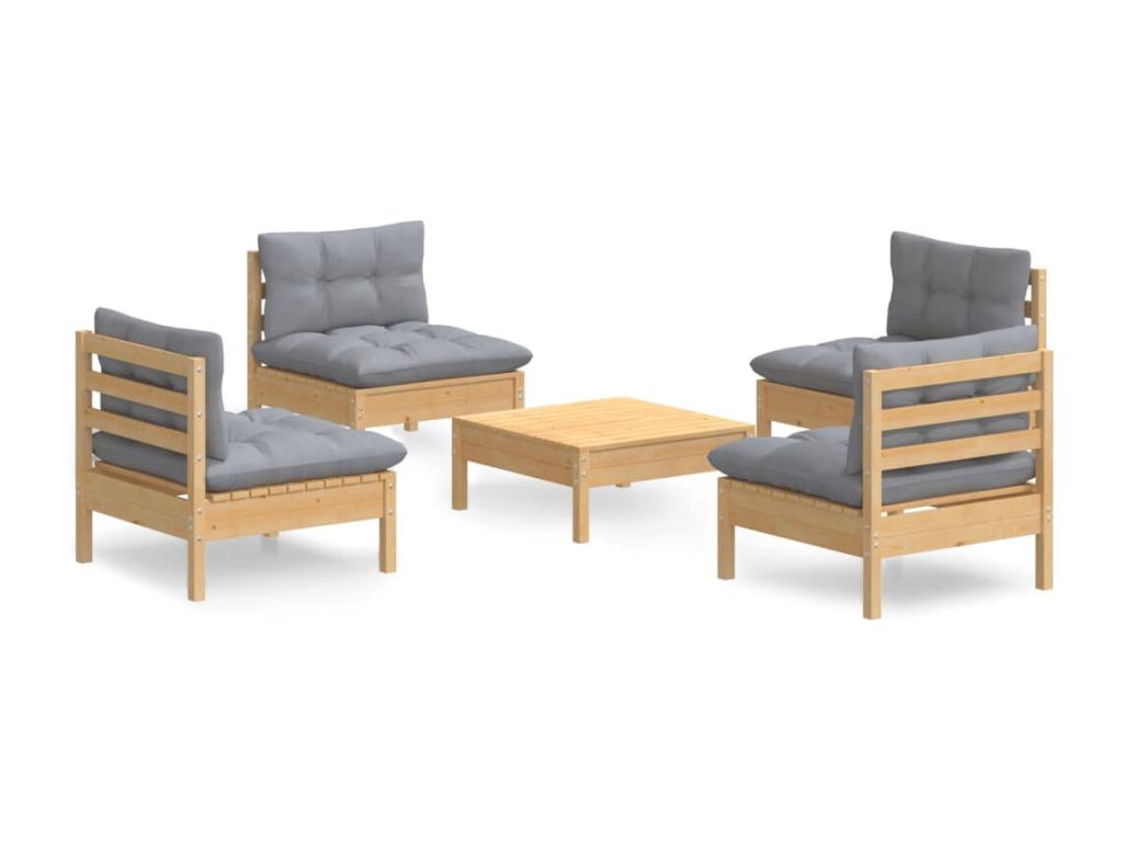 5-piece garden furniture set with grey pine wood cushions