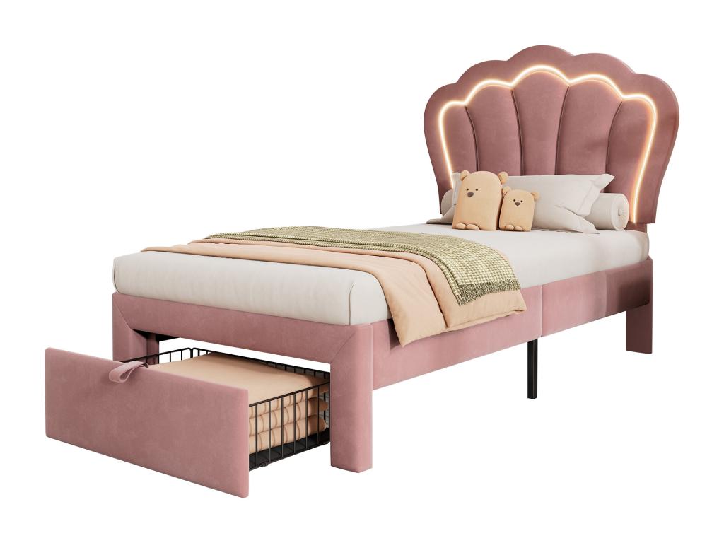 90x200 cm velvet bed with drawers and app-controlled LED lighting - Pink