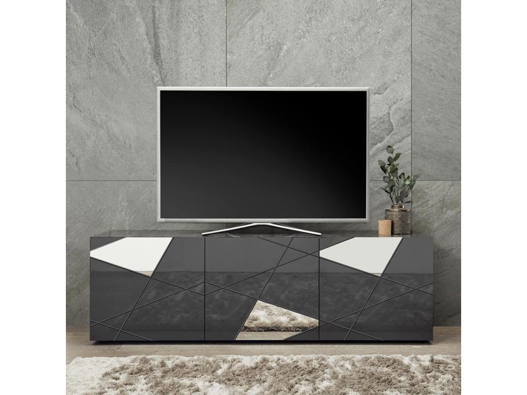 Meublita - 3-Door TV Stand in Carbon Grey Finish with Screen Prints and Mirrors