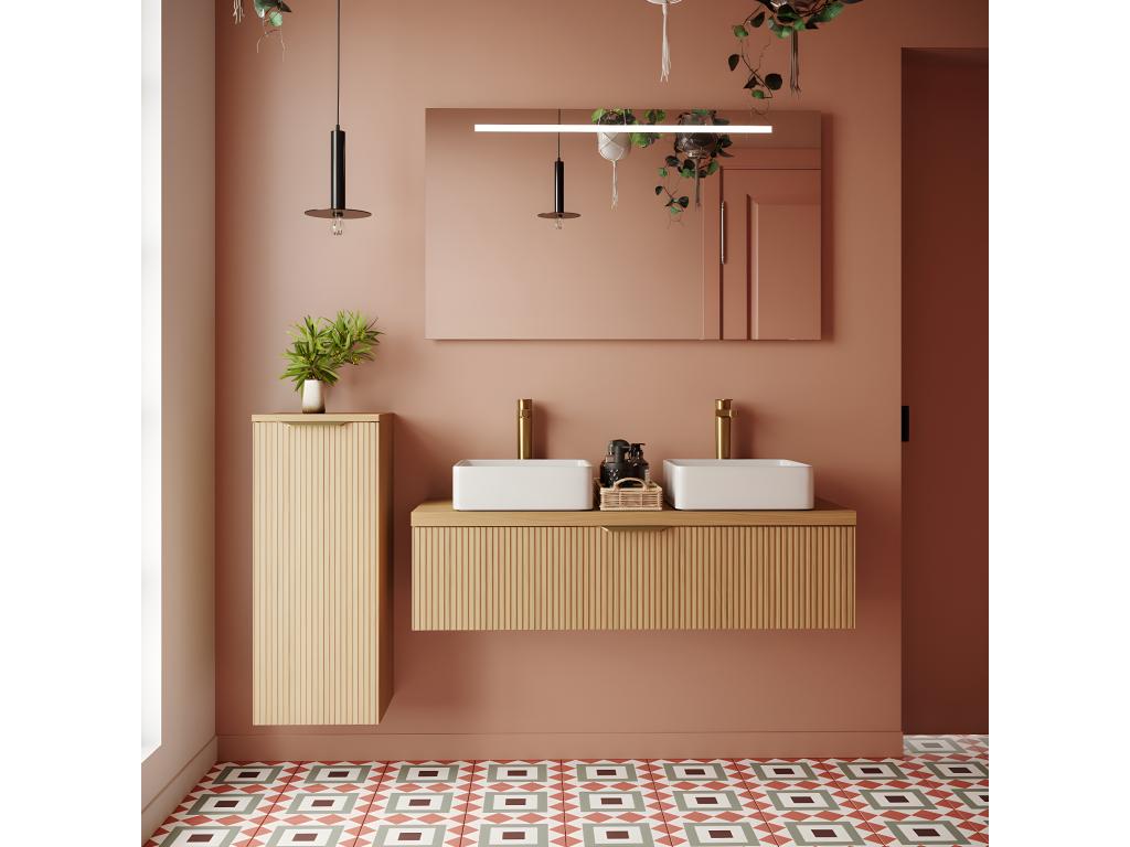 Wall-hung bathroom vanity unit with two countertop basins, 120cm, one drawer, fluted oak finish, left-opening mirrored column - Meublita