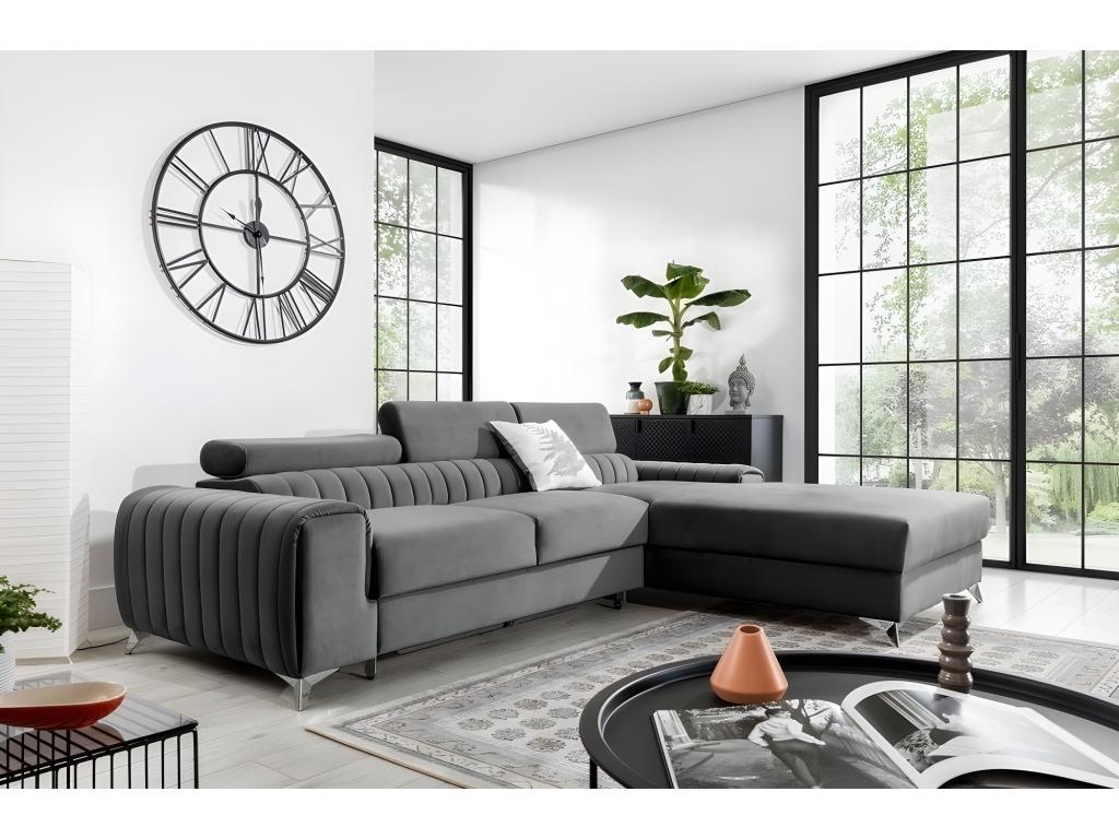 Luxury grey velvet corner sofa bed, 5-seater, right-hand facing (as seen from the front) - Meublita VELVET