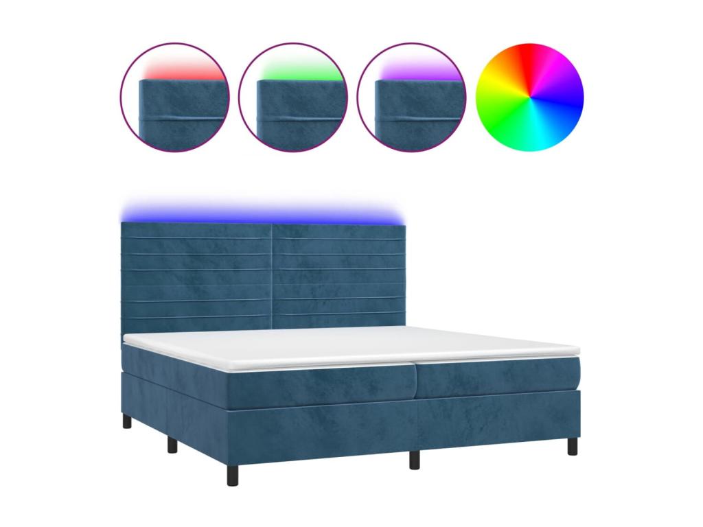 Upholstered bed base with mattress and LED light, dark blue, 200x200 cm, velvet