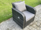 Rattan garden dining set with sofa, height-adjustable dining table, 2 reclining chairs, and stools. Dark grey.