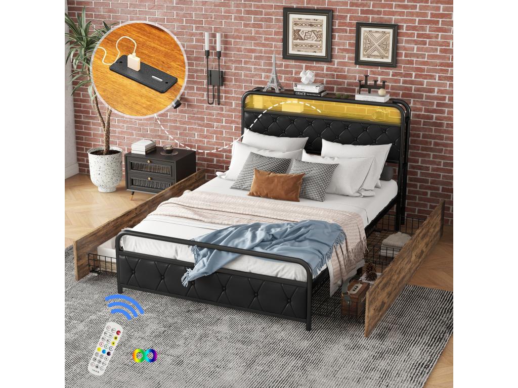 Flat bed 140x200cm - TOPESCT - iron frame bed with lighting by Meublita, USB ports, 4 drawers, black adult bed
