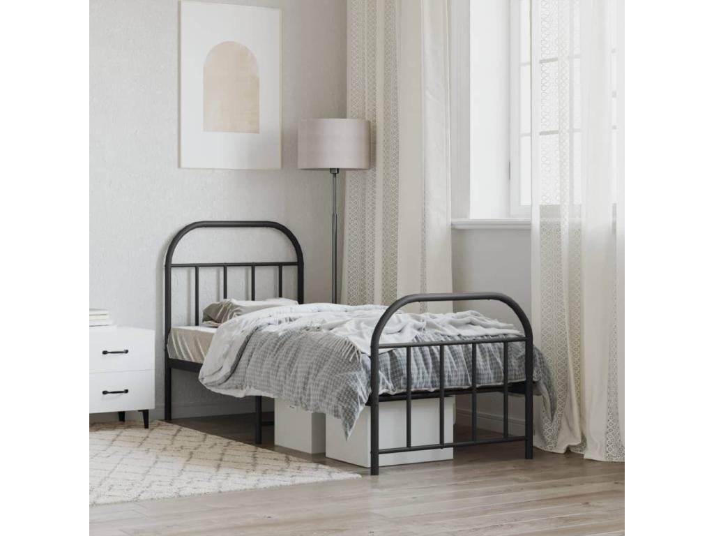 Metal bed frame with headboard/footboard, black, 75x190 cm