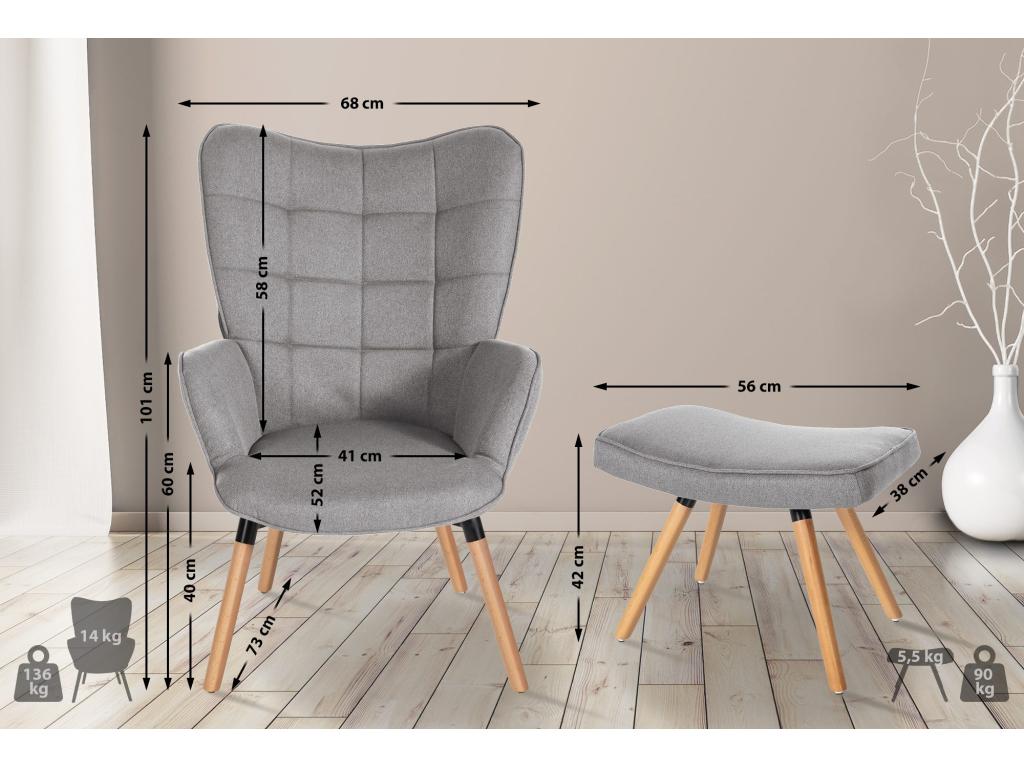 Armchair with Stool - Fabric/Wood - Grey - Meublita