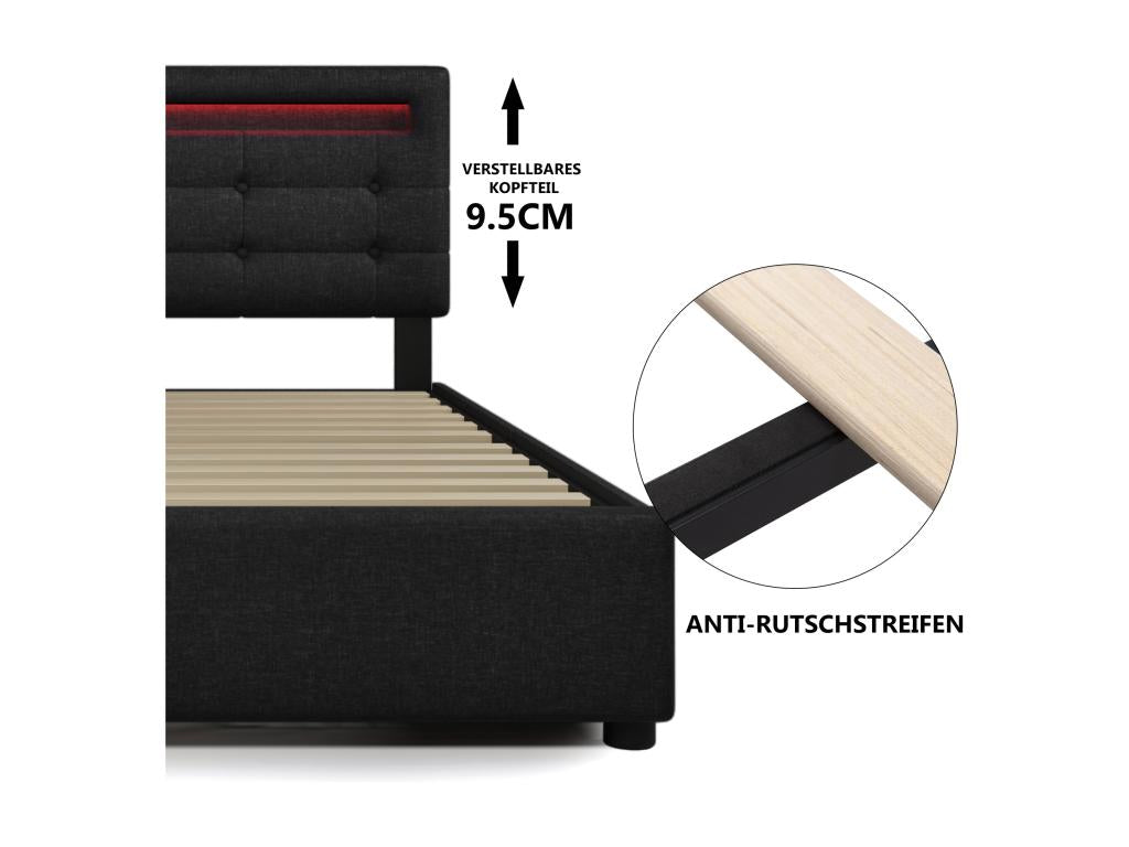 Upholstered double bed 140x200 cm with adjustable headboard / 4 drawers - LEDs - black linen
