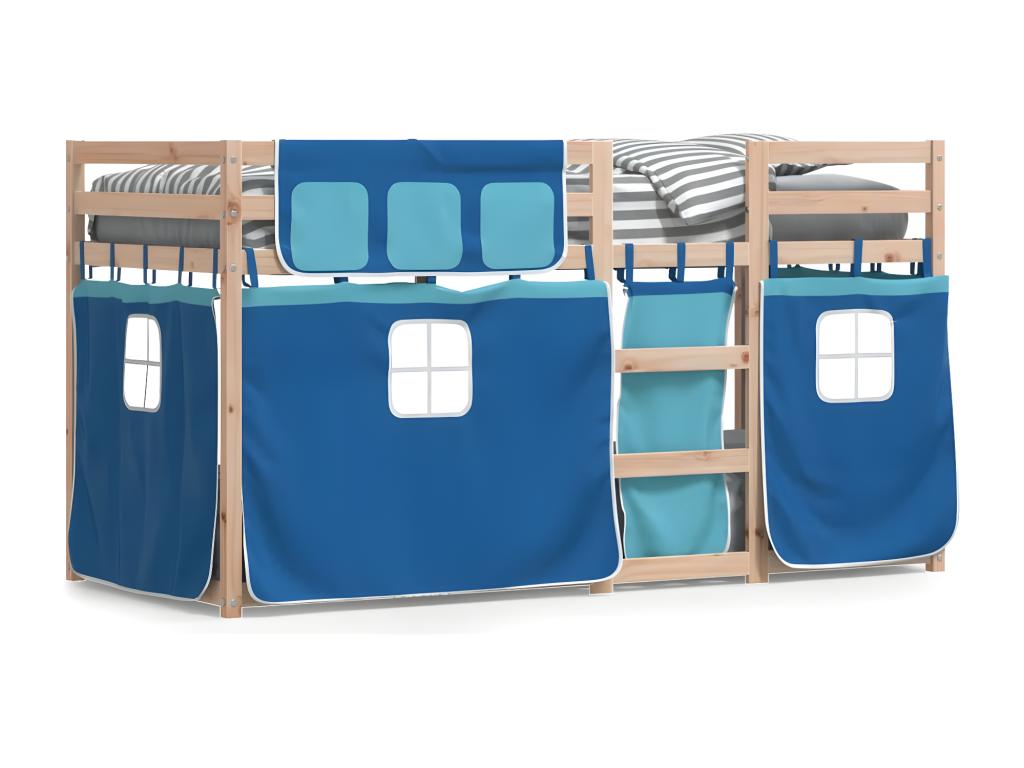 Bunk bed with blue curtains, 90x190 cm, solid pine wood
