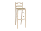 High bar stool in raw wood, 80 cm high, with handle and straw seat