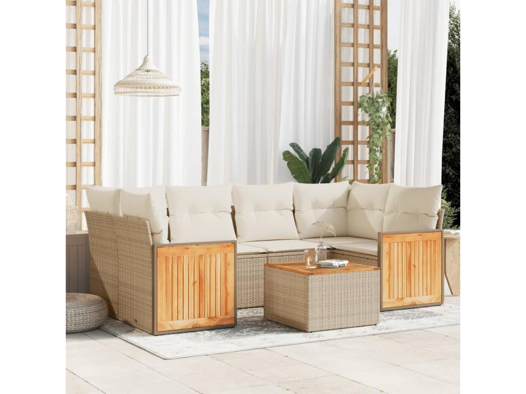 7-piece garden furniture set with cushions, beige woven resin