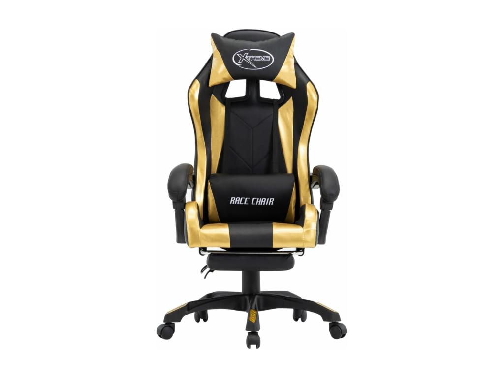 Gaming chair with footrest, gold and black faux leather