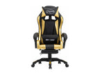 Gaming chair with footrest, gold and black faux leather