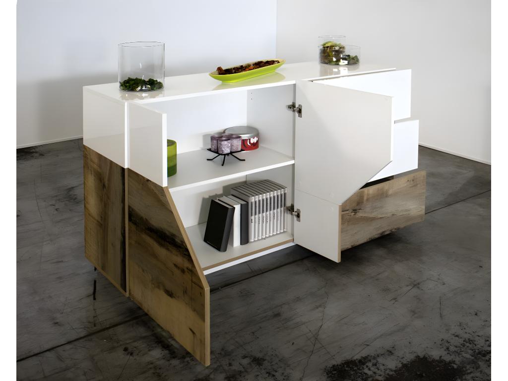 Meublita Buffet Kitchen Buffet with 2 Doors and 3 Drawers Living Room Buffet Made in Italy 141x43h86 cm Glossy White and Maple
