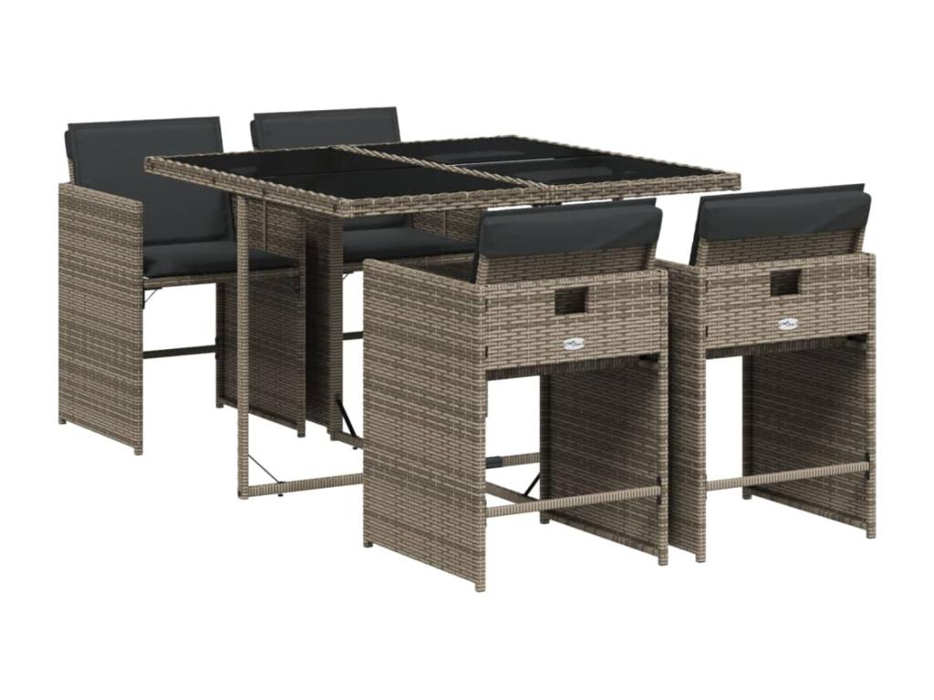 5-piece garden dining set with grey resin wicker cushions