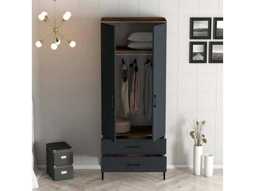 Meublita 2-Door Wardrobe, Bedroom Furniture, Walk-in Closet, Clothes Closet, 80x201x48 cm, Walnut and Anthracite