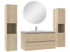 Bathroom furniture set with column and 100cm round wall mirror, oak cabinet, Meublita
