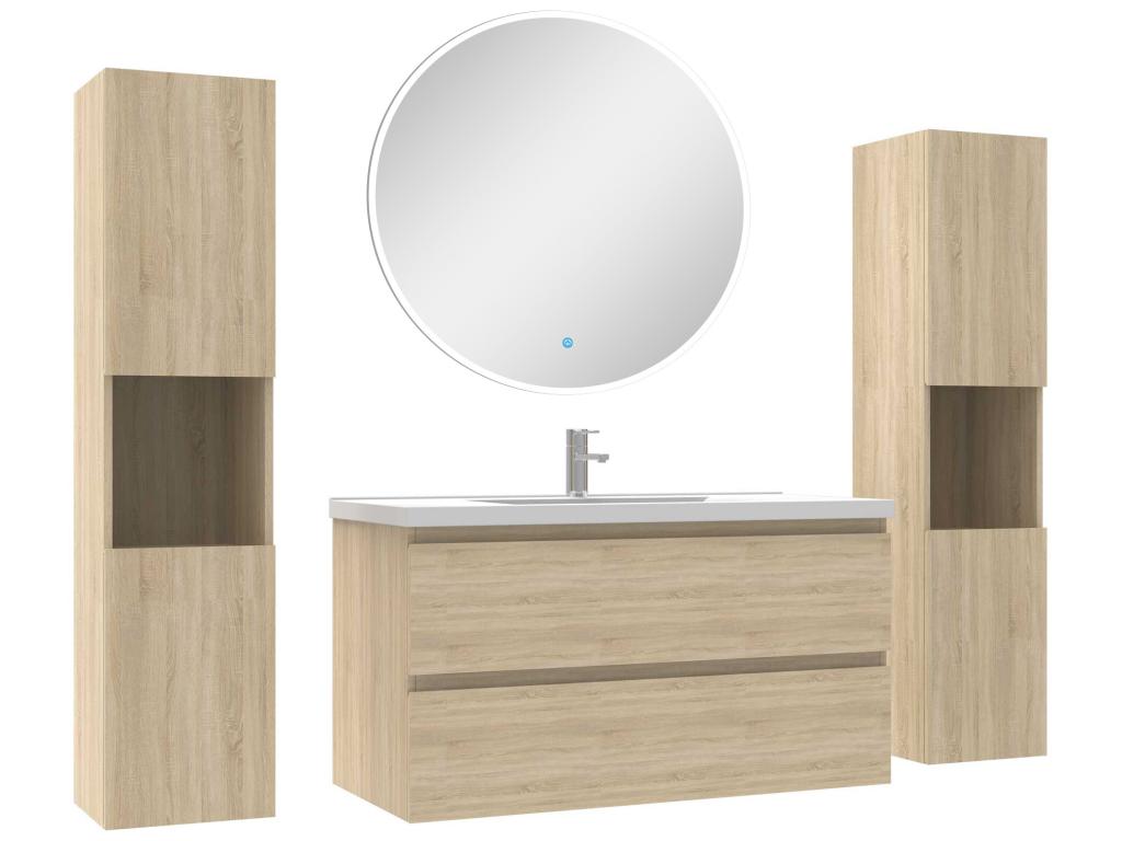 Bathroom furniture set with column and 100cm round wall mirror, oak cabinet, Meublita