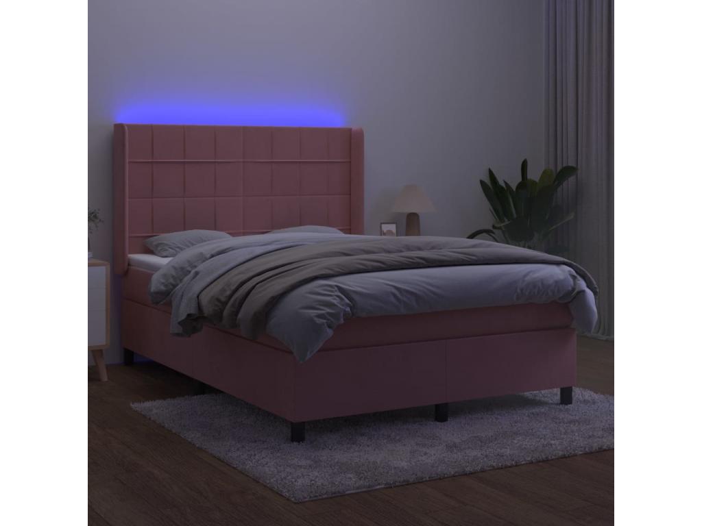Meublita bed base with mattress and LED light, Pink, 140x190 cm, Velvet