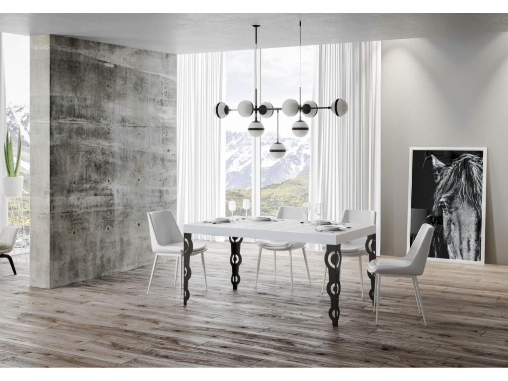 Rectangular oriental table for 6 people, 160cm long, white wood and anthracite metal legs, Meublita