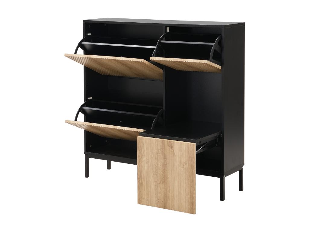 Shoe cabinet with folding bench - 3 drop-down doors - Black / Natural