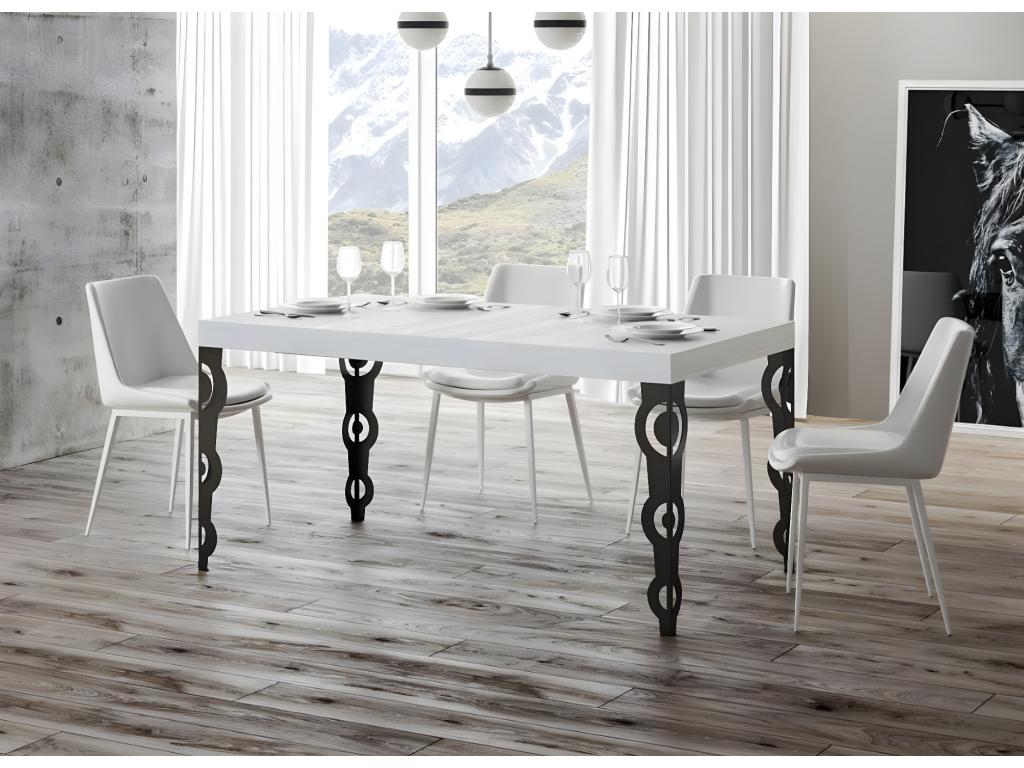 Rectangular oriental table for 6 people, 160cm long, white wood and anthracite metal legs, Meublita
