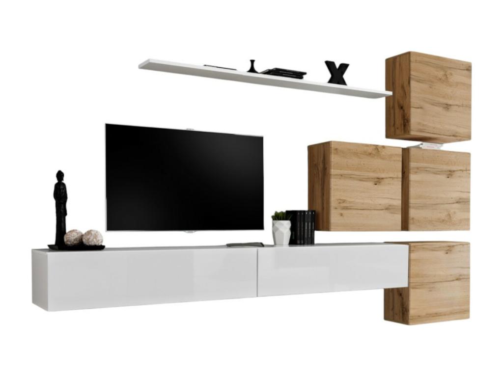 SWITCH IX wall-mounted living room furniture set, designed in glossy white and oak by Vertchez.