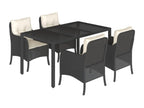 5-piece garden dining set with cushions, black woven resin