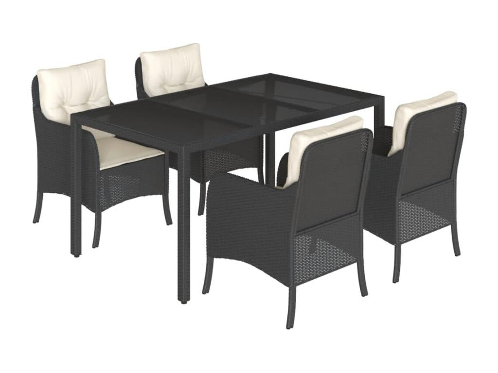 5-piece garden dining set with cushions, black woven resin