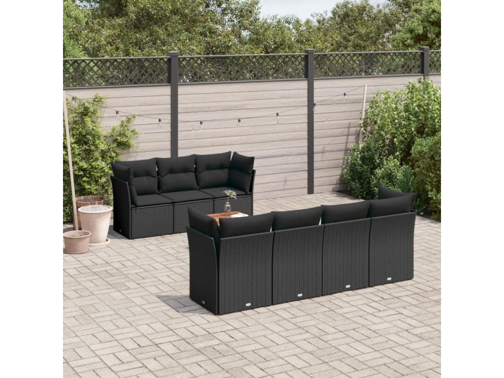 8-piece garden furniture set with cushions, black woven resin