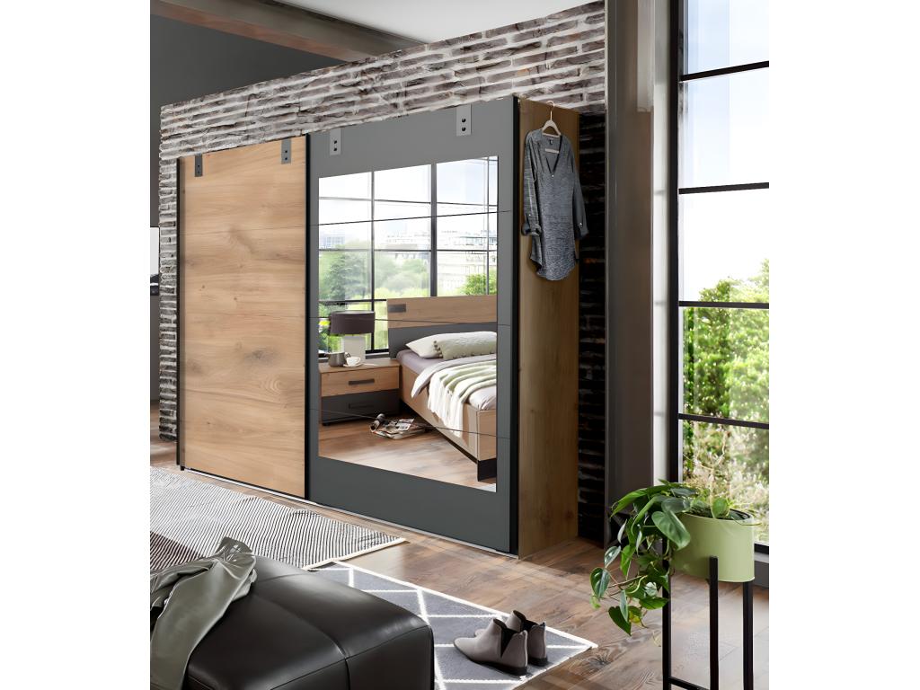 Complete adult bedroom set with a 140x200 cm bed, 2 bedside tables, and a wardrobe in dark oak finish.