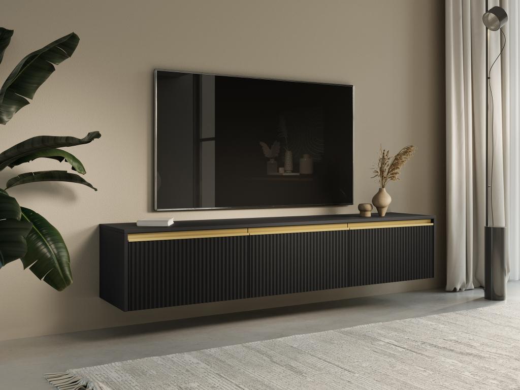 Wall-mounted or freestanding TV unit with 3 MDF doors - Black and gold - Meublita MORABITO