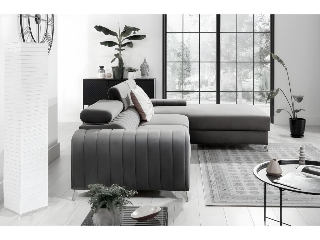Luxury grey velvet corner sofa bed, 5-seater, right-hand facing (as seen from the front) - Meublita VELVET