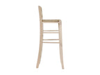 High bar stool in raw wood, 80 cm high, with handle and straw seat
