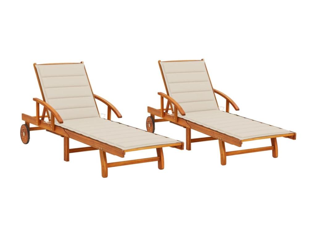 Set of 2 sun loungers with cushions, solid wood furniture