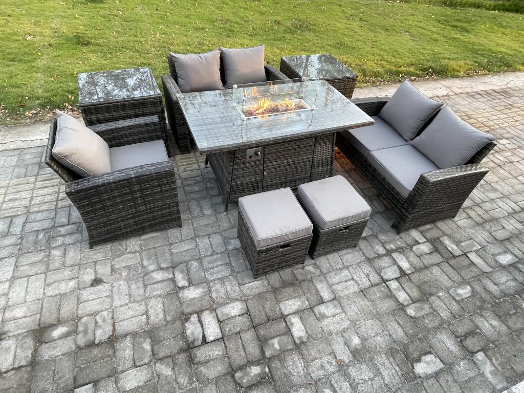 7-Seater Rattan Garden Furniture Set, Gas Fire Pit Table, 2 Side Tables