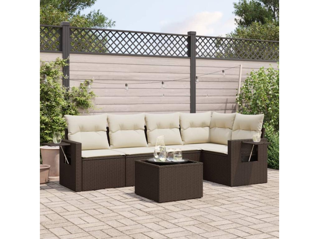 Garden furniture set with cushions, 6 pieces, brown woven resin