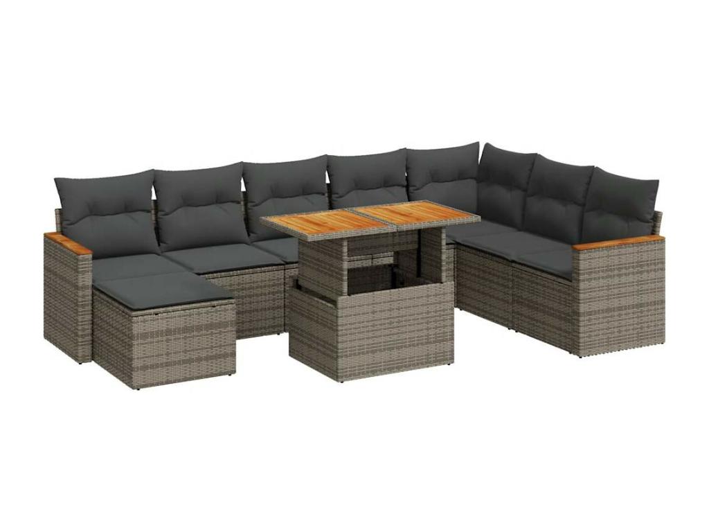 Meublita 9-piece garden furniture set with cushions, grey woven resin