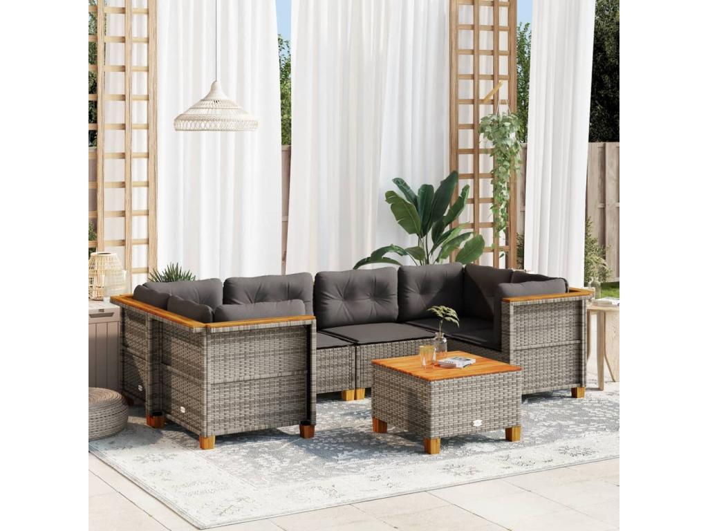 Garden furniture set with cushions, 7 pieces, grey woven resin