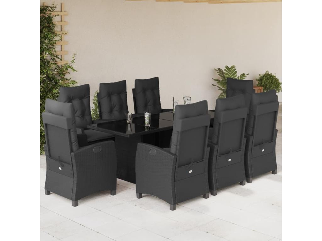 9-piece garden dining set with black resin wicker cushions